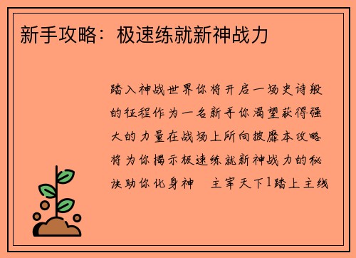 新手攻略：极速练就新神战力